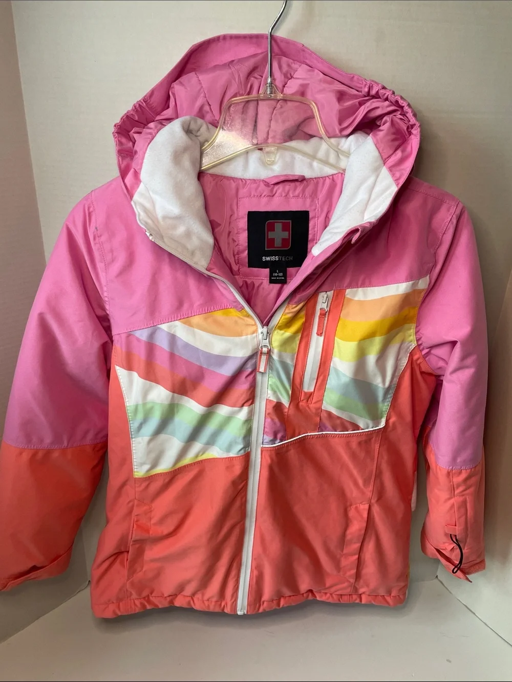 Swiss Tech Size 10-12 Girls Pink & Coral Colorblock Hooded Puffer Coat